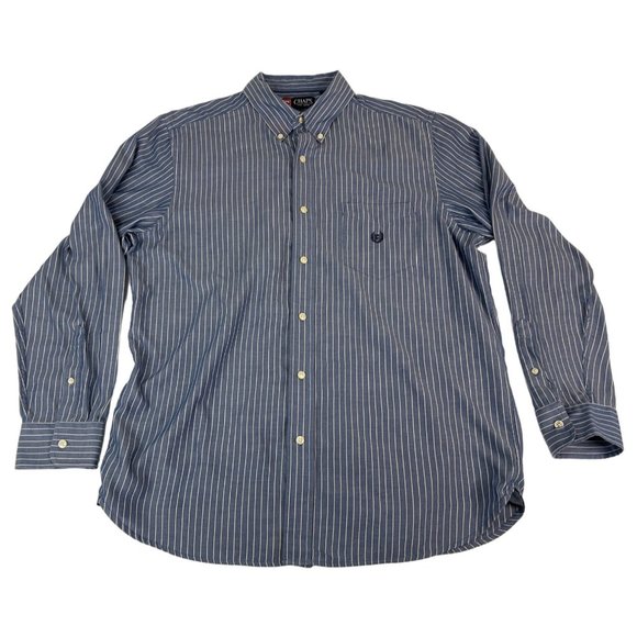 Chaps Men's Button Down Shirt L Blue White Striped Cotton Polyester Collared - Picture 1 of 4